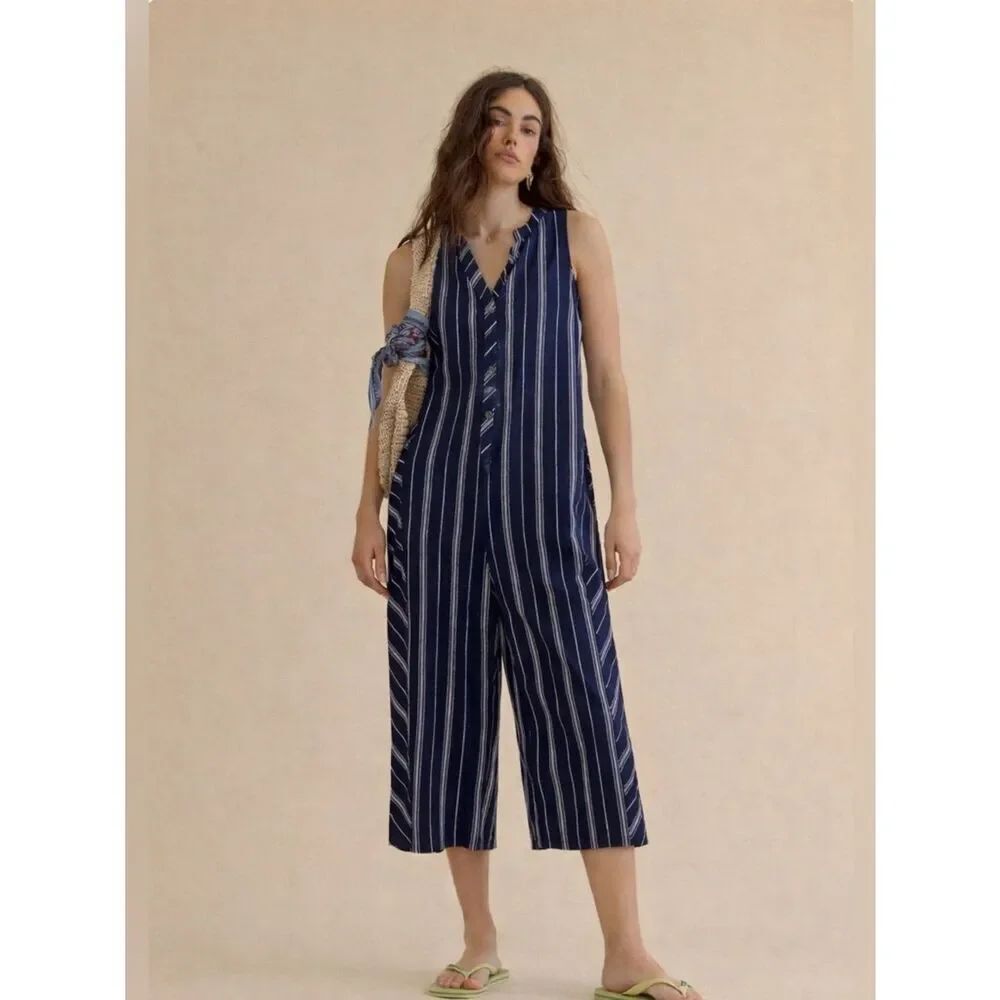 Laundry by Shelli Segal Striped Linen Viscose Sleeveless Jumpsuit Navy Size 8